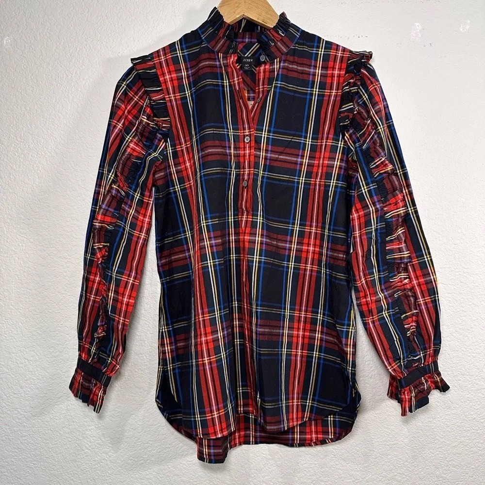 J.Crew Womens XS Ruffle Trim Plaid Blouse Long Sleeve Cotton Stewart Tartan Top
